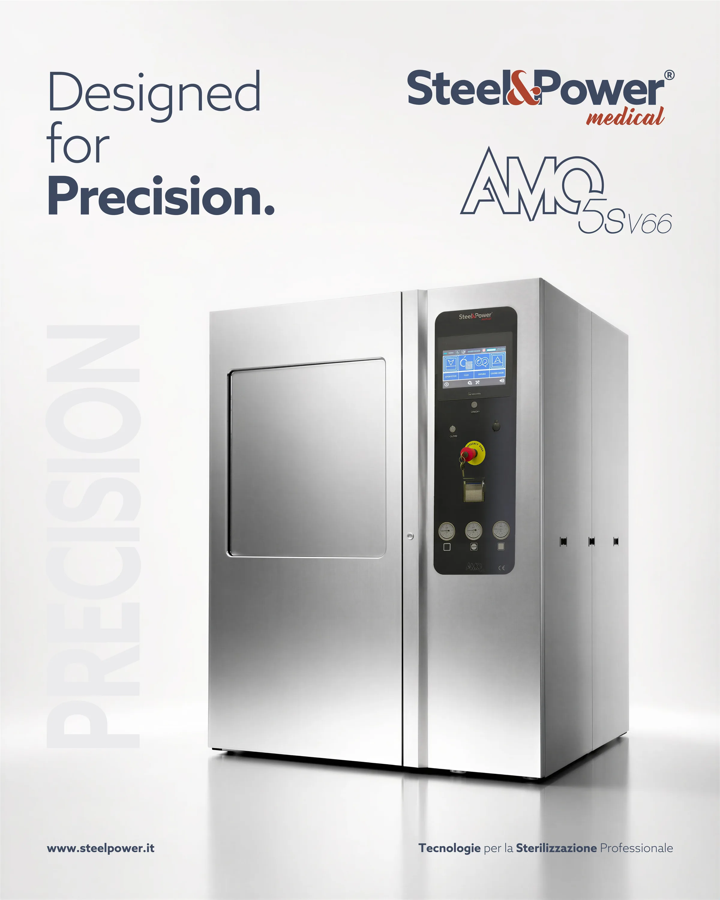 Sterilizzatrice a vapore AMO 5SV66 a pieno carico su fondo chiaro da studio, con il titolo “Designed for Precision”.