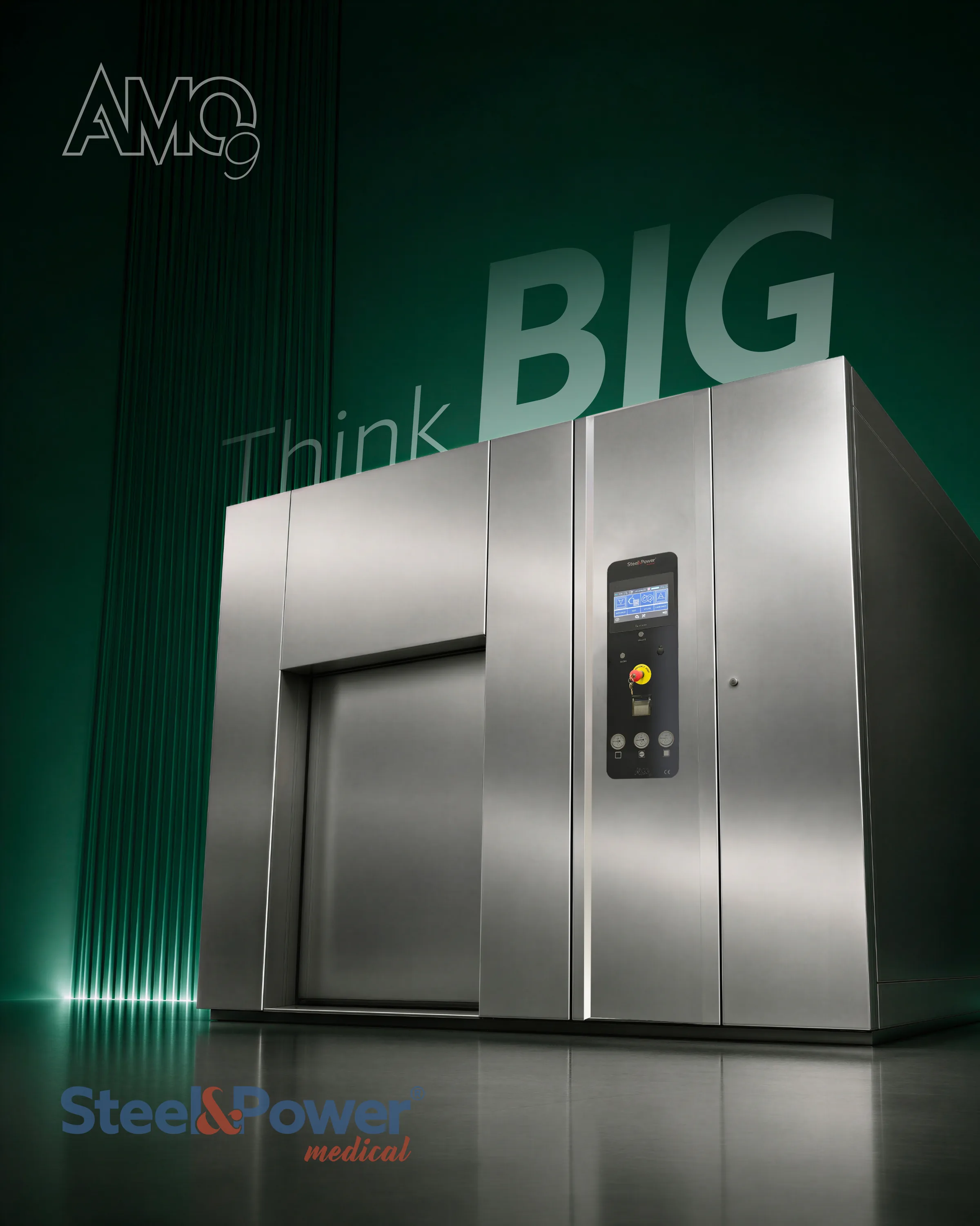 Sterilizzatrice a vapore a doppia porta AMO 9 sotto una luce smeraldo cinematografica, con il titolo “Think Big”.